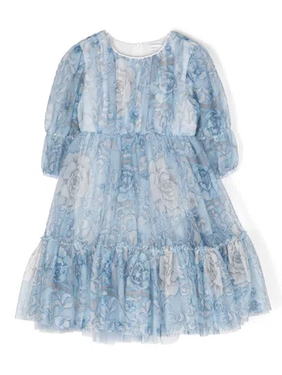 Monnalisa Kids' Catherine Floral Print Tulle Dress In Blue