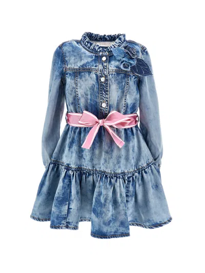 Monnalisa Kids'   Chambray Dress With Belt In Blue