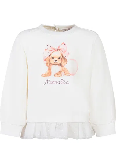 Monnalisa Charming Mini Sweatshirt With Tulle Accents In Bianco