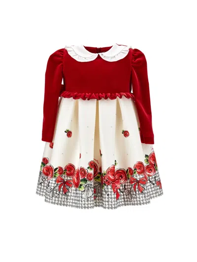 Monnalisa Kids'   Chenille Dress With Roses In Cream + Ruby Red