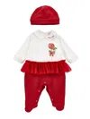 Monnalisa Chenille Playsuit With Hat In Cream + Ruby Red