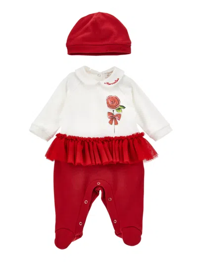 Monnalisa Kids'   Chenille Playsuit With Hat In Cream + Ruby Red