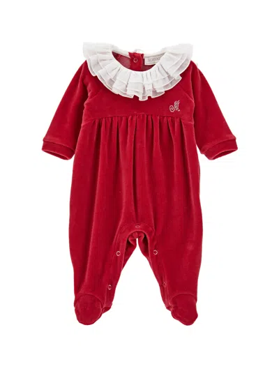 Monnalisa Babies'   Chenille Playsuit With Muslin Collar In Ruby Red