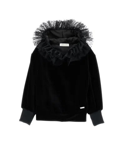 Monnalisa Kids'   Chenille Sweatshirt With Tulle Hood In Black