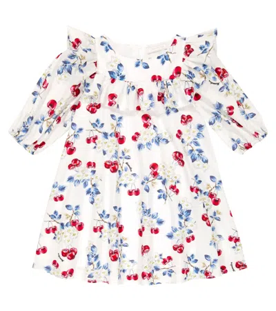 Monnalisa Kids' Cherry Cotton Poplin Printed Dress In White