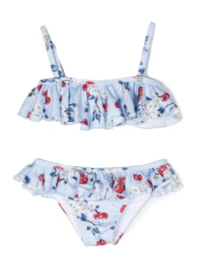 Monnalisa Kids' Cherry-print Ruffle Bikini Set In Light Blue
