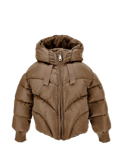 Monnalisa Kids' Chevron-quilted Hooded Jacket In Brown