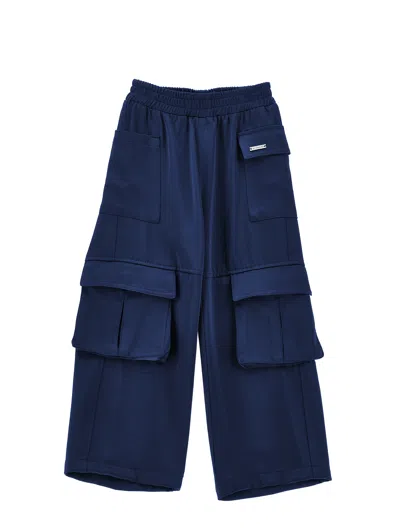Monnalisa Kids'   Chic Satin Cargo Trousers In Navy Blue