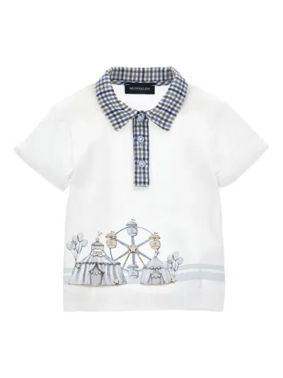 Monnalisa Babies' Circus-print Checked-collar Polo Shirt In White
