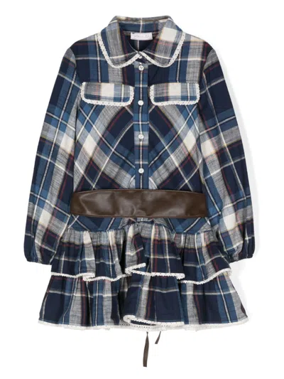 Monnalisa Kids' Classic-collar Belted Shirt Dress In Blue