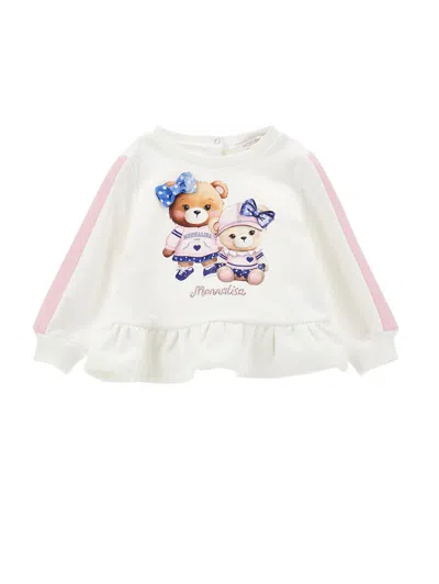 Monnalisa Kids'   Closed Sweatshirt With Ruffles In Cream + Pink