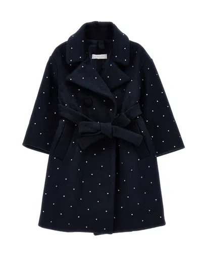 Monnalisa Kids'   Cloth Coat With Rhinestones In Navy Blue