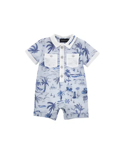 Monnalisa Kids'   Cloth Romper With Collar In Sky Blue + Bluette