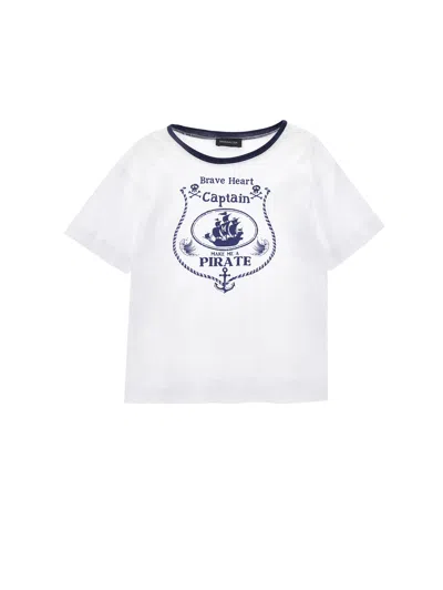 Monnalisa Kids'   Coat Of Arms Print Jersey T-shirt In White + Blue