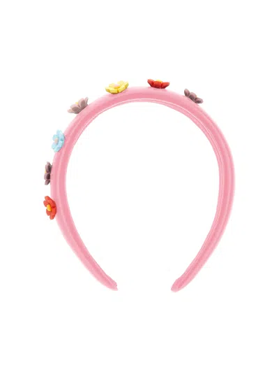 Monnalisa Kids'   Coated Fabric Headband With Flowers In Bright Peach Pink