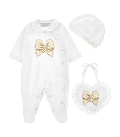 Monnalisa Babies' Cotton All-in-one, Hat And Bib Set In White