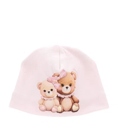 Monnalisa Cotton Bear Print Hat In Pink