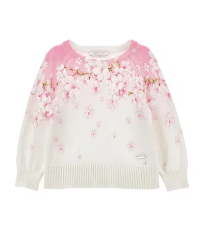 Monnalisa Kids' Cotton-blend Floral Sweater In White