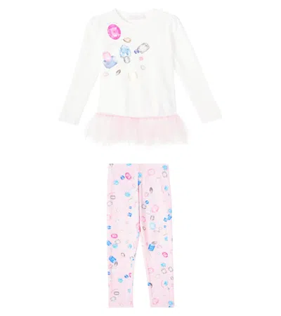 Monnalisa Kids' Cotton-blend Top And Leggings Set In White
