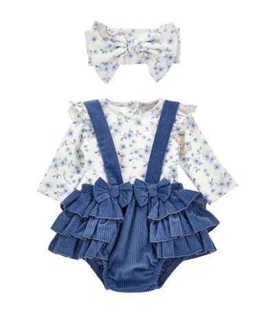 Monnalisa Babies' Cotton Bodysuit, Bloomers And Headband Set In Blue