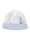 Monnalisa Cotton Bonnet With Logoed Brim In Cream White + Sky Blue