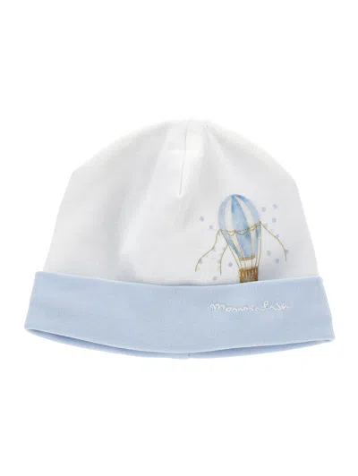 Monnalisa Kids'   Cotton Bonnet With Logoed Brim In Cream White + Sky Blue