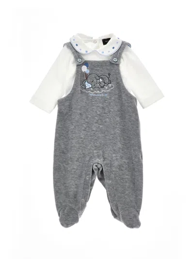 Monnalisa Kids'   Cotton Chenille Dungarees Set In Cream + Grey