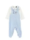 Monnalisa Cotton Chenille Dungarees Set In Cream White + Sky Blue