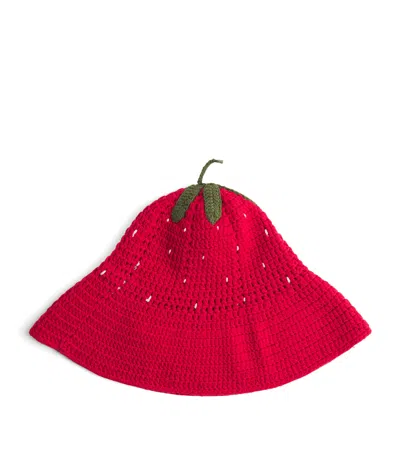 Monnalisa Kids'  Cotton Crochet Strawberry Hat In Red