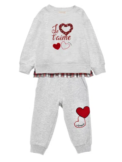 Monnalisa Cotton Fleece Set In Pearl Grey