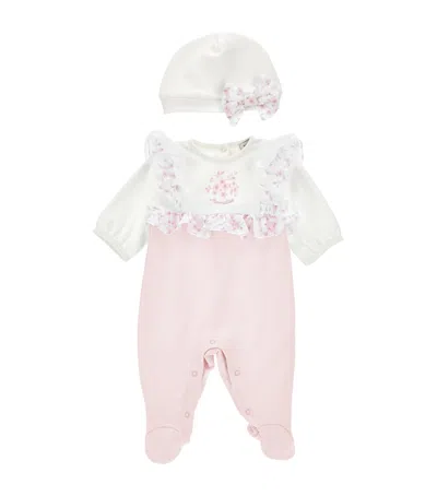 Monnalisa Kids' Cotton Floral All-in-one And Hat Set In Multi