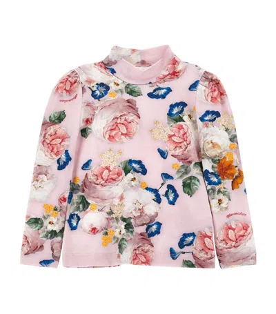 Monnalisa Kids' Floral Mock-neck T-shirt In Pink