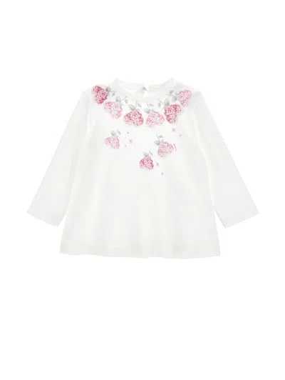 Monnalisa Kids'   Cotton Jersey T-shirt With Flower Necklace In Cream