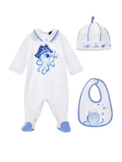 Monnalisa Kids'   Cotton Octopus Three-piece Set In White + Blue
