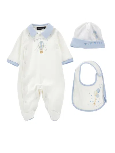 Monnalisa Kids'   Cotton Playsuit Set With Two-tone Accessories In Cream White + Sky Blue