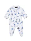 Monnalisa Cotton Playsuit With Marine Print In White + Blue
