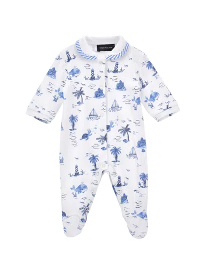 Monnalisa Kids'   Cotton Playsuit With Marine Print In White + Blue