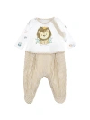 Monnalisa Cotton Playsuit With Striped Fabric In White + Ecru