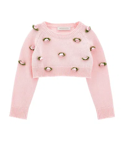 Monnalisa Kids' Cotton Rose Appliqué Sweater