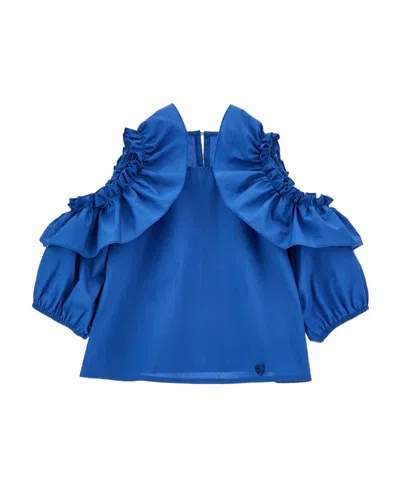 Monnalisa Cotton Ruffled Cut-out Top In Blue