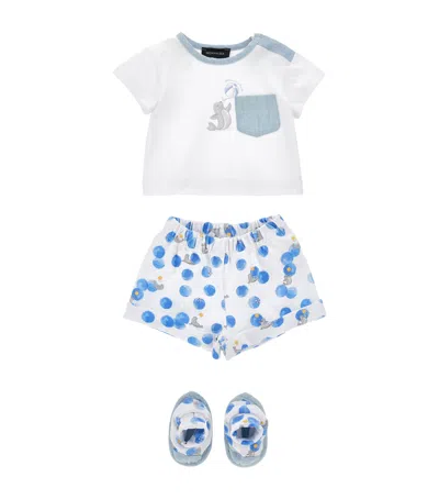 Monnalisa Kids' Cotton Seal Print T-shirt And Shorts Set In Blue