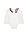 Monnalisa Cotton Shirt Bodysuit In Cream + Ruby Red