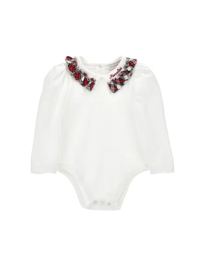 Monnalisa Kids'   Cotton Shirt Bodysuit In Cream + Ruby Red