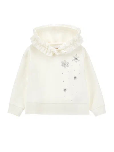 Monnalisa Kids'   Cotton Sweatshirt With Ruffles And Rhinestones In Cream