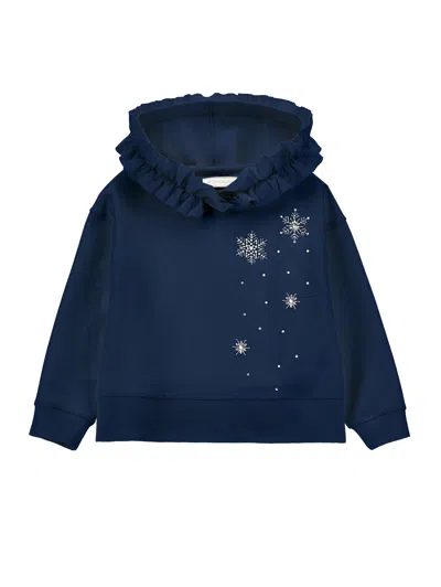 Monnalisa Cotton Sweatshirt With Ruffles And Rhinestones In Dark Blue