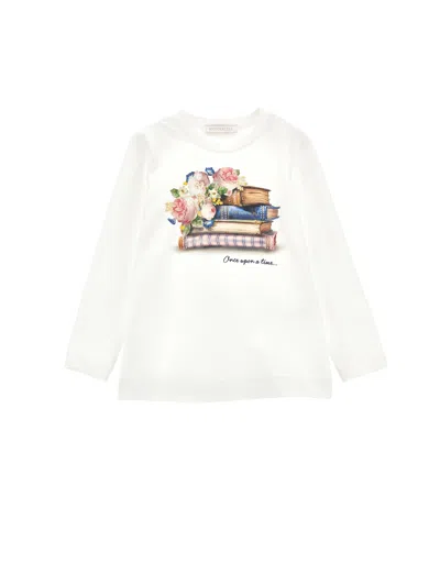 Monnalisa Kids'   Cotton T-shirt With Book Print In Cream