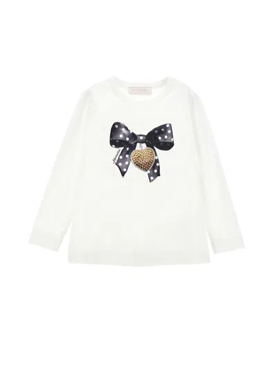 Monnalisa Cotton T-shirt With Bow Print In Cream