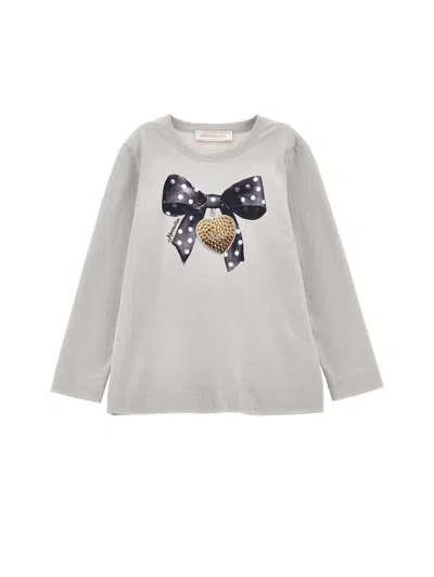 Monnalisa Kids'   Cotton T-shirt With Bow Print In Pearl Grey