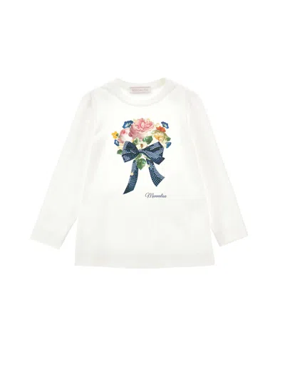Monnalisa Kids'   Cotton T-shirt With Flower Bouquet Print In Cream