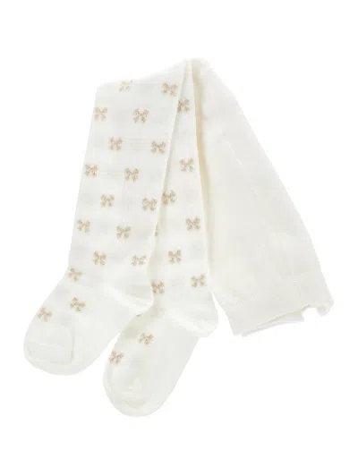 Monnalisa Kids'   Cotton Tights With Bows In Cream + Gold